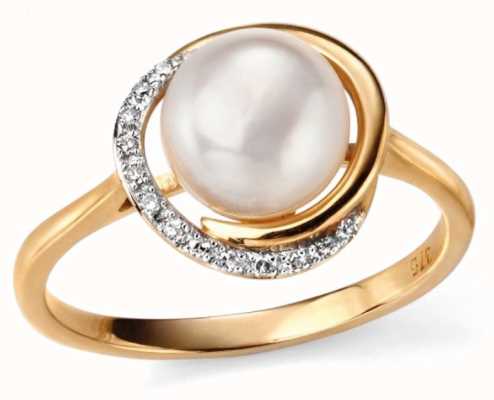 Elements Gold 9ct Yellow Gold Diamond And White Pearl Ring  Size EU 52 (UK L 1/2) GR503W 52