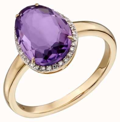 Elements Gold 9ct Yellow Gold Organic oval Amethyst And Diamond Ring Size EU 52 (UK L 1/2) GR558M 52