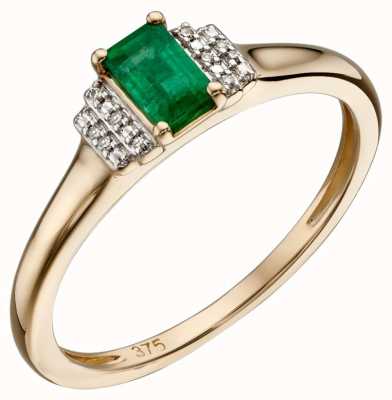Elements Gold 9ct Yellow Gold Emerald And Diamond Deco Ring Size EU 52 (UK L 1/2) GR567G 52