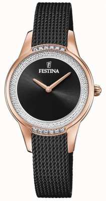 Festina Women's Black Steel Mesh Bracelet | Black Crystal Set Dial F20496/2