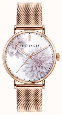 Ted Baker | Women's | Phylipa Peonia | Rose Gold Mesh Bracelet | White Floral Dial | BKPPHF010
