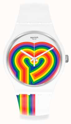 Swatch BEATING LOVE | Valentines Day | White Silicone Strap | Rainbow Heart Dial SUOW171
