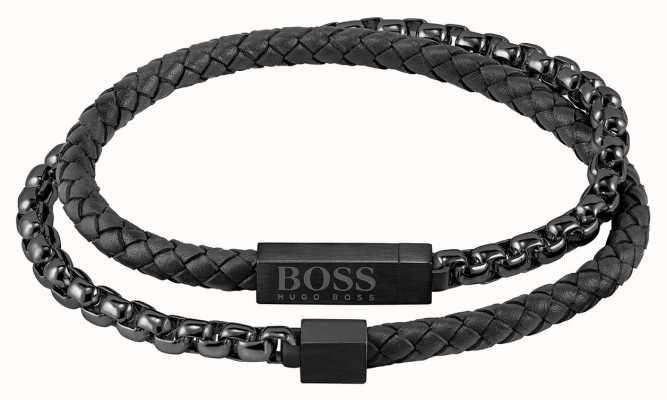 BOSS Jewellery Men's Black Leather & IP Chain Double Wrap Bracelet 1580150M