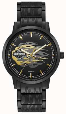 Harley Davidson Men's Flames | Black Steel Bracelet | Black Dial 78A121