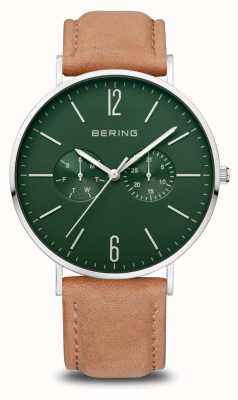 Bering Classic | Men's | Polished Silver | Brown Leather Strap 14240-608