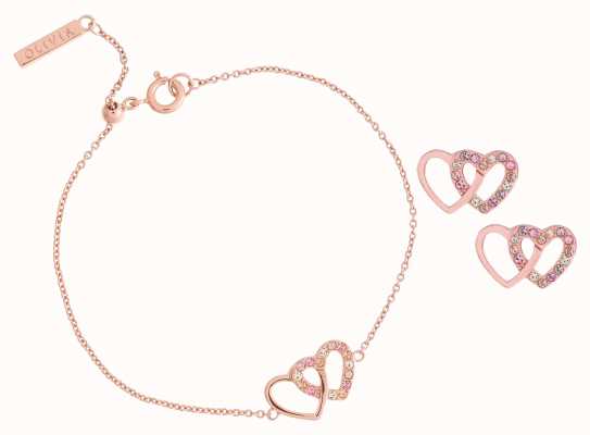 Olivia Burton Classics Interlink Heart Rose Gold Bracelet & Studs Gift Set OBJGSET61