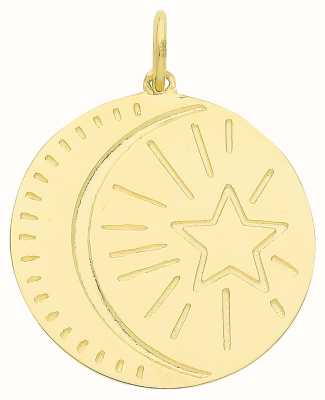 James Moore TH 9ct Yellow Gold Moon and Stars Engraved Disc Pendant PN1234