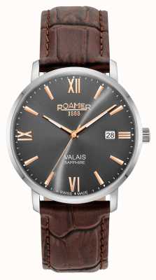 Roamer Valais Gents Grey Dial With Rose Gold Batons Brown Leather Strap 958833 41 53 05