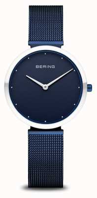Bering Classic | Blue Dial | Blue Milanese Strao | Stainless Steel Case With White Ceramic Bezel 18132-397