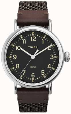 Timex Standard 40mm Silver-tone Case Black Dial Brown Fabric Leather Strap TW2U89600