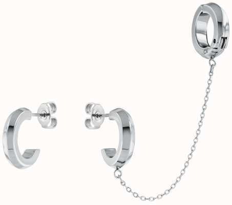 Calvin Klein Ladies Silver Tone Open Hoop Earrings with Cuff and Chain 35000044