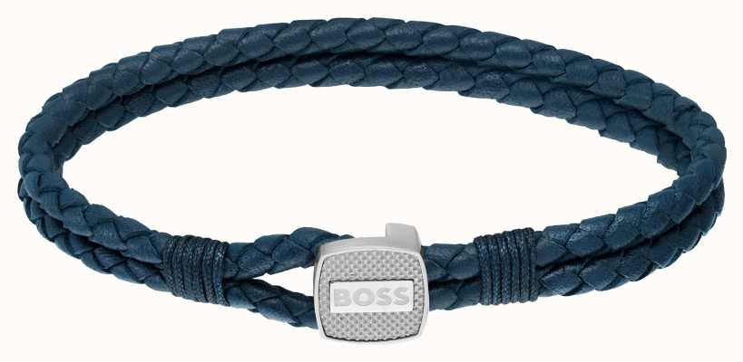 BOSS Jewellery Men's Seal Blue Leather Stainless Steel Bracelet 1580293