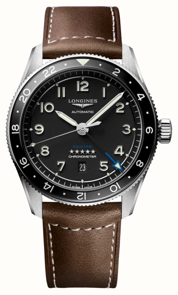 LONGINES SPIRIT ZULU TIME GMT 42mm Black Dial Brown Leather Strap ...