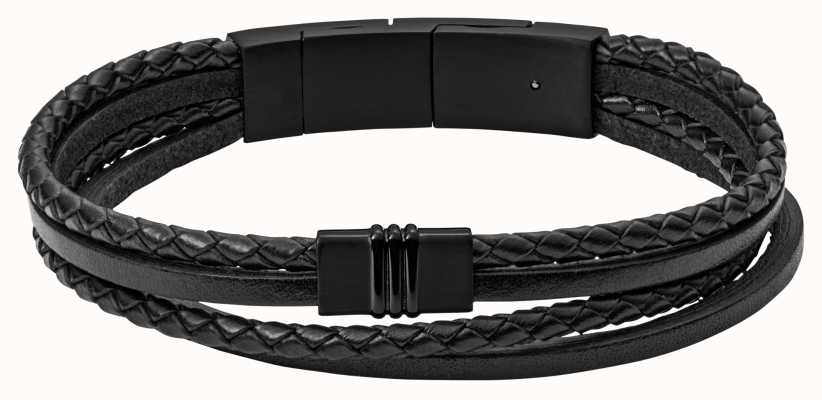 Fossil Men's Black Leather Black Stainless Steel Bracelet JF03098001
