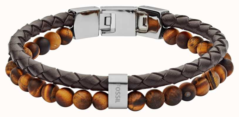 Fossil Men's Brown Leather Double Strand Beaded Bracelet JF03118040