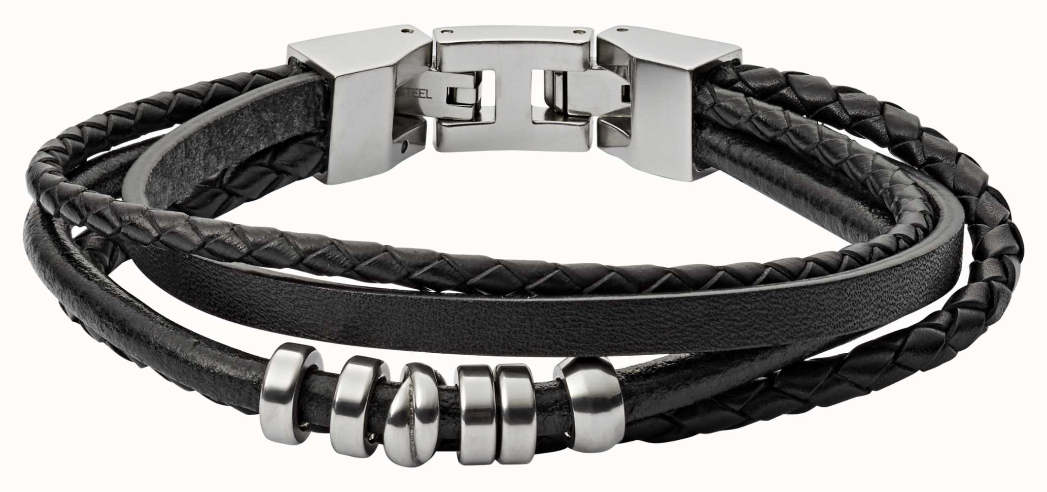 Fossil Men's Black Leather Stainless Steel Bracelet JF03183040 - First ...