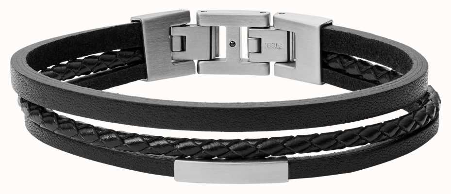 Fossil Men's Black Leather and Stainless Steel Multi-Strand Bracelet JF03322040