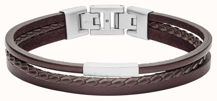 Fossil Men's Brown Leather and Stainless Steel Multi-Strand Bracelet JF03323040