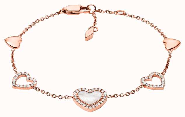 Fossil Women's Rose Gold-Tone Heart Charm Mother-of-Pearl Bracelet JF03458791