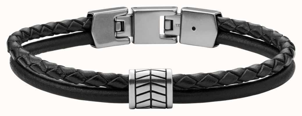 Fossil Men's Black Leather Stainless Steel Bead Bracelet JF03848040