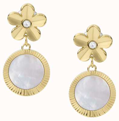 Fossil Women's Gold-Tone Crystal-Set Mother-of-Pearl Drop Stud Flower Earrings JF04021710