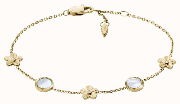 Fossil Women's Gold-Tone Crystal-Set Mother-of-Pearl Flower Bracelet JF04022710