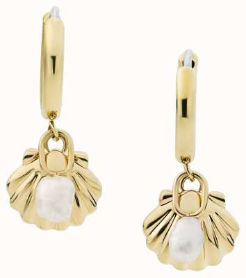Fossil Women's Gold-Tone Seashell Pearl Hoop Charm Earrings JF04059710