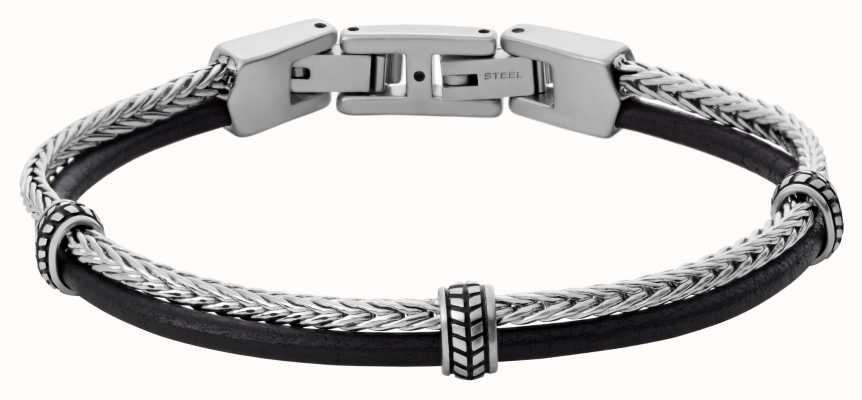 Fossil Men's Leather and Stainless Steel Chevron Bracelet JF04097040