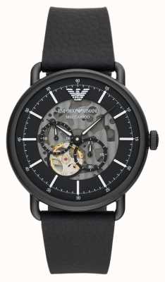 Emporio Armani Men's Automatic | Black Transparent Dial | Black Leather Strap AR60028