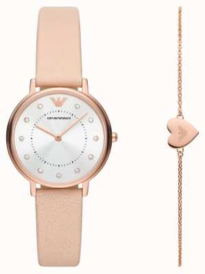 Emporio Armani KAPPA Women's Giftset | Pink Leather Strap Watch | Rose Gold Tone Bracelet AR80058