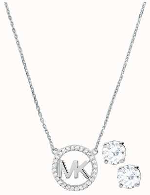 Michael Kors Sterling Silver MK Necklace and CZ Stud Earrings Set MKC1260AN040