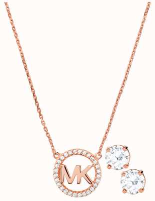 Michael Kors Rose-Gold Plated MK Necklace and CZ Stud Earrings Set MKC1260AN791