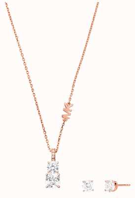 Michael Kors Rose Gold-Plated MK Necklace and CZ Stud Earrings Set MKC1545AN791