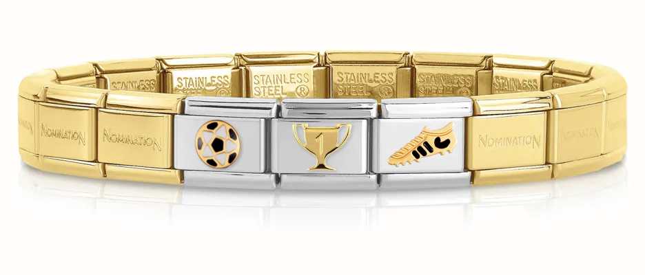 Nomination Composable FOOTBALL Gold Bracelet (3 links + Stainless Steel Gold Base Bracelet) FOOTBALL-NOM