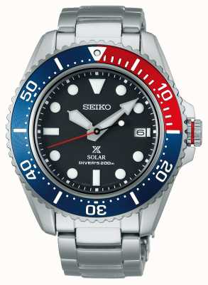 Seiko Men's Prospex 42.8mm Solar Sapphire | Blue and Red Bezel | Black Dial | Stainless Steel Bracelet SNE591P1