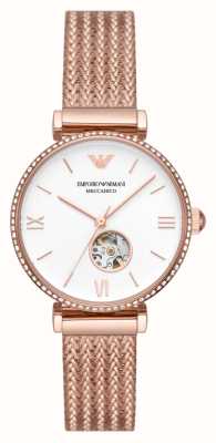 Emporio Armani Women's Automatic | White Dial | Rose Gold Stainless Steel Mesh Bracelet AR60063