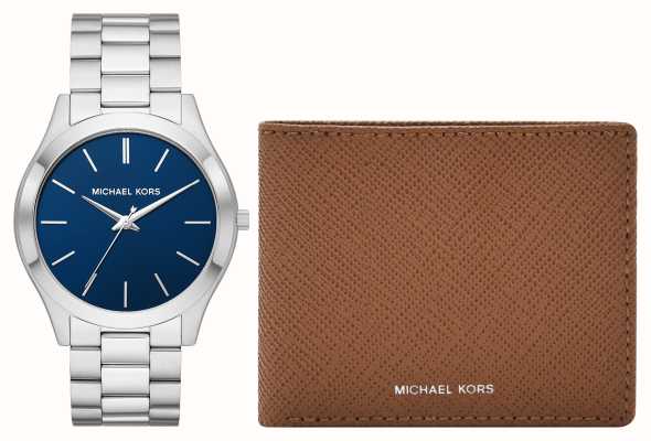 Michael Kors Slim Runway Blue Dial Steel Watch Matching Wallet MK1060SET